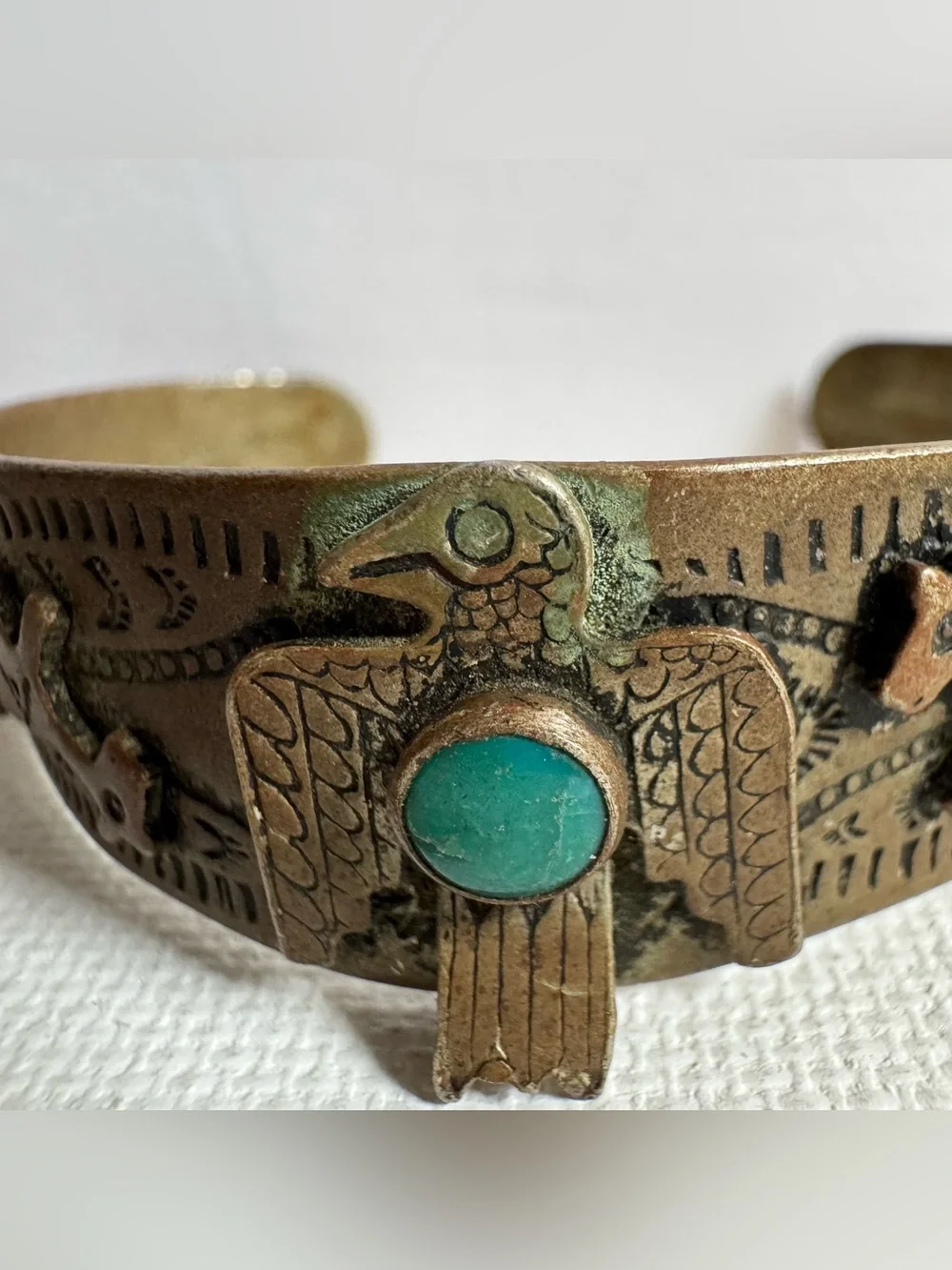 Vtg Nickel Silver Genuine Turquoise Thunderbird Horse Cuff Bracelet Southwest